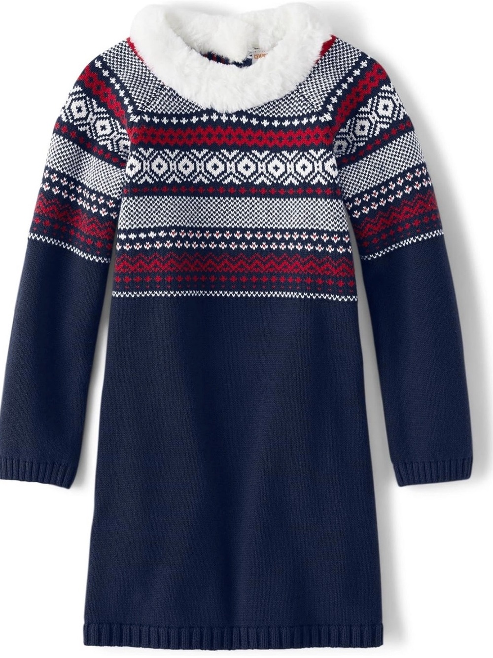 Gymboree Navy, Red & White Fair Isle Knit Dress with Faux Fur Collar